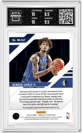 Dereck Lively II from the 2023-24 Panini Donruss Elite set featuring a Red parallel graded by Arena Club and given an overall grade of 9.
