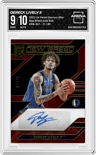 Dereck Lively II from the 2023-24 Panini Donruss Elite set featuring a Red parallel graded by Arena Club and given an overall grade of 9.