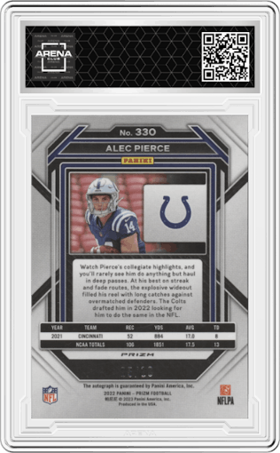 Alec Pierce from the 2022 Panini Prizm set featuring a Gold Prizm parallel graded by Arena Club.
