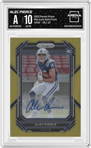 Alec Pierce from the 2022 Panini Prizm set featuring a Gold Prizm parallel graded by Arena Club.