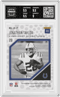 Jonathan Taylor from the 2021 Panini Illusions set featuring a Blue parallel graded by Arena Club and given an overall grade of 9.5.