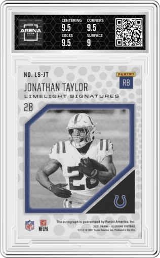Jonathan Taylor from the 2021 Panini Illusions set featuring a Blue parallel graded by Arena Club and given an overall grade of 9.5.