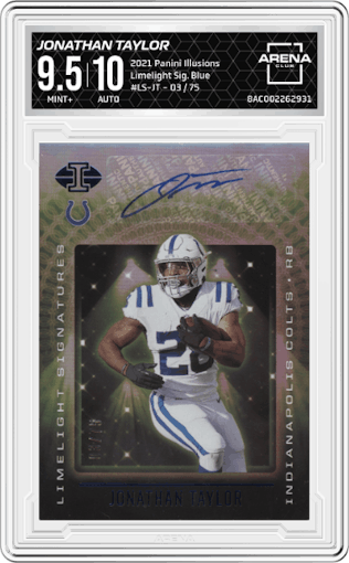Jonathan Taylor from the 2021 Panini Illusions set featuring a Blue parallel graded by Arena Club and given an overall grade of 9.5.