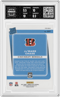 Ja'Marr Chase from the 2021 Panini Donruss Optic set featuring a Stars parallel graded by Arena Club and given an overall grade of 9.