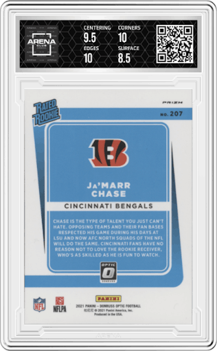 Ja'Marr Chase from the 2021 Panini Donruss Optic set featuring a Stars parallel graded by Arena Club and given an overall grade of 9.