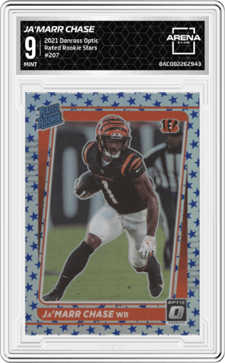 Ja'Marr Chase from the 2021 Panini Donruss Optic set featuring a Stars parallel graded by Arena Club and given an overall grade of 9.