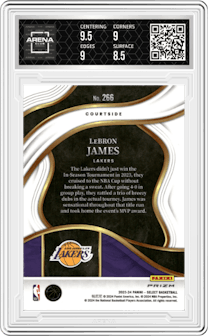 LeBron James from the 2023-24 Panini Select  set featuring a Tiger parallel graded by Arena Club and given an overall grade of 9.