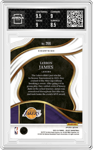 LeBron James from the 2023-24 Panini Select  set featuring a Tiger parallel graded by Arena Club and given an overall grade of 9.