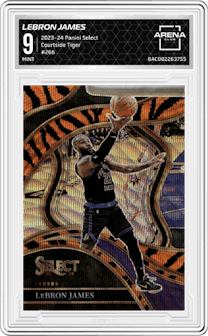 LeBron James from the 2023-24 Panini Select  set featuring a Tiger parallel graded by Arena Club and given an overall grade of 9.