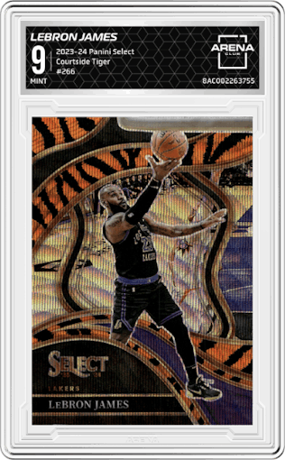 LeBron James from the 2023-24 Panini Select  set featuring a Tiger parallel graded by Arena Club and given an overall grade of 9.