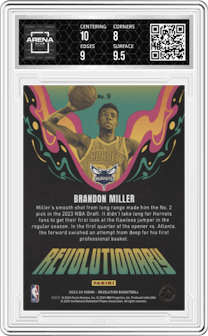 Brandon Miller from the 2023-24 Panini Revolution set graded by Arena Club and given an overall grade of 8.5.