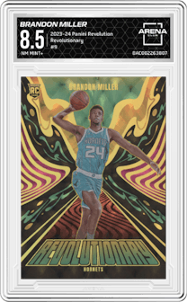 Brandon Miller from the 2023-24 Panini Revolution set graded by Arena Club and given an overall grade of 8.5.