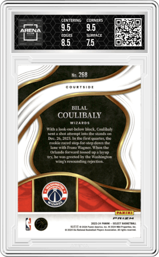 Bilal Coulibaly from the 2023-24 Panini Select  set featuring a Tiger parallel graded by Arena Club and given an overall grade of 8.