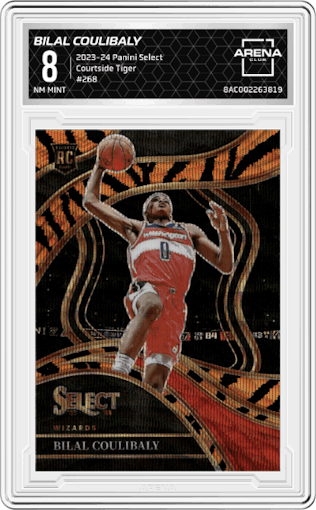 Bilal Coulibaly from the 2023-24 Panini Select  set featuring a Tiger parallel graded by Arena Club and given an overall grade of 8.