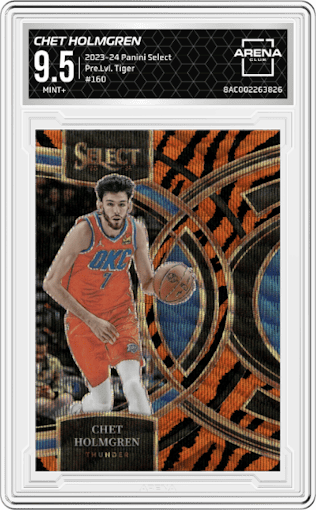 Chet Holmgren from the 2023-24 Panini Select  set featuring a Tiger parallel graded by Arena Club and given an overall grade of 9.5.