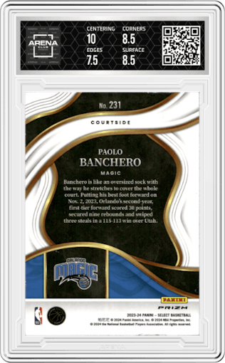 Paolo Banchero from the 2023-24 Panini Select  set featuring a Tiger parallel graded by Arena Club and given an overall grade of 8.