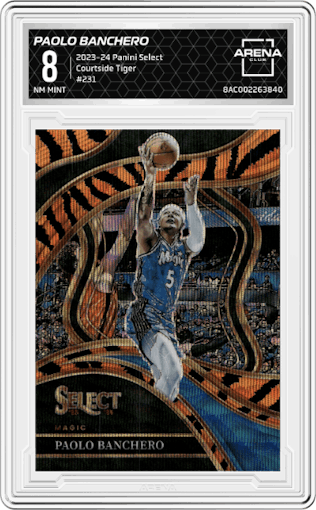 Paolo Banchero from the 2023-24 Panini Select  set featuring a Tiger parallel graded by Arena Club and given an overall grade of 8.