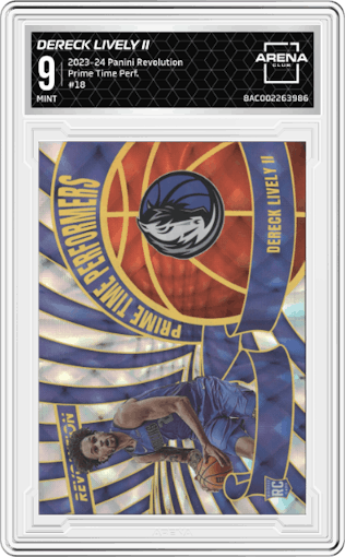 Dereck Lively II from the 2023-24 Panini Revolution set graded by Arena Club and given an overall grade of 9.