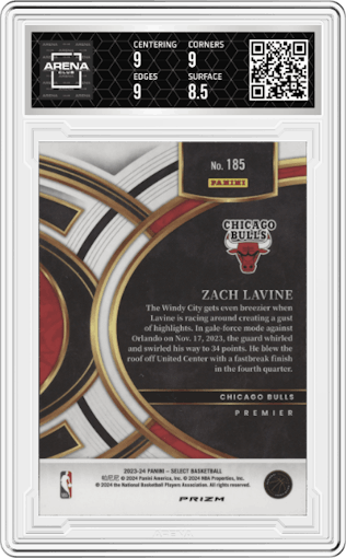 Zach Lavine from the 2023-24 Panini Select  set featuring a Tiger parallel graded by Arena Club and given an overall grade of 9.