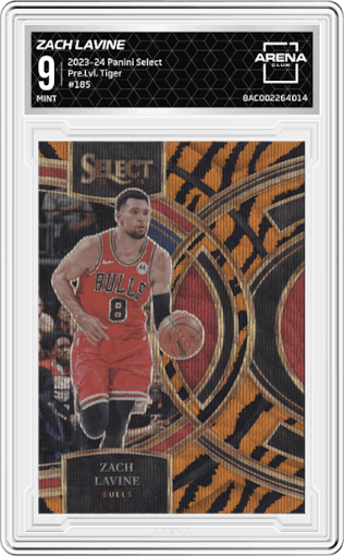 Zach Lavine from the 2023-24 Panini Select  set featuring a Tiger parallel graded by Arena Club and given an overall grade of 9.