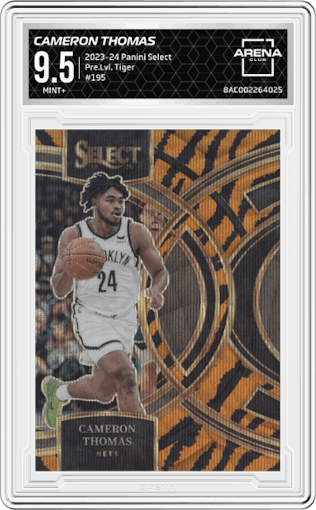 Cameron Thomas from the 2023-24 Panini Select  set featuring a Tiger parallel graded by Arena Club and given an overall grade of 9.5.