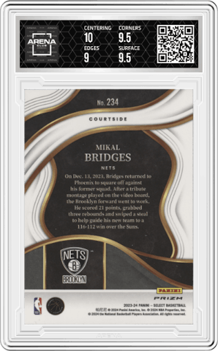 Mikal Bridges  from the 2023-24 Panini Select  set featuring a Tiger parallel graded by Arena Club and given an overall grade of 9.5.