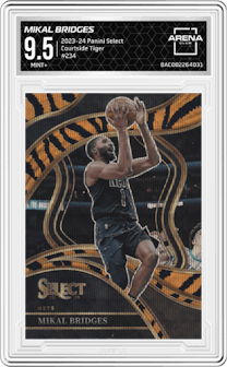 Mikal Bridges  from the 2023-24 Panini Select  set featuring a Tiger parallel graded by Arena Club and given an overall grade of 9.5.