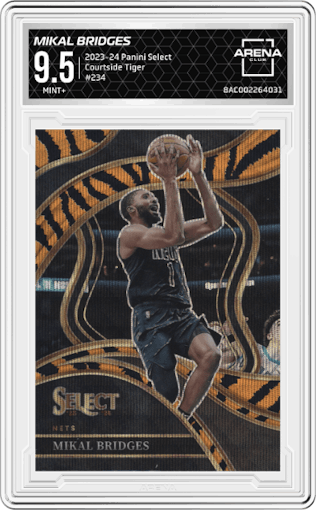 Mikal Bridges  from the 2023-24 Panini Select  set featuring a Tiger parallel graded by Arena Club and given an overall grade of 9.5.