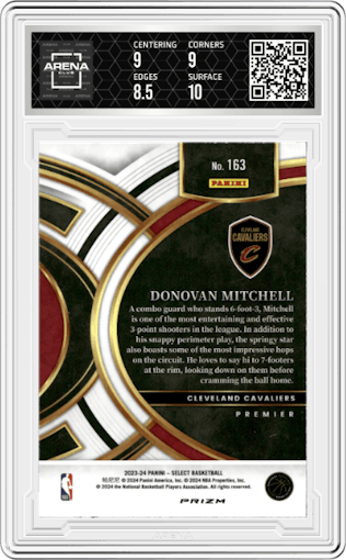 Donovan Mitchell from the 2023-24 Panini Select  set featuring a Tiger parallel graded by Arena Club and given an overall grade of 9.