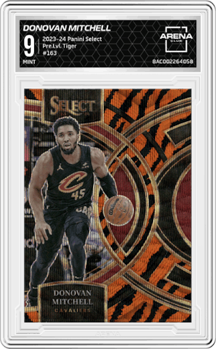 Donovan Mitchell from the 2023-24 Panini Select  set featuring a Tiger parallel graded by Arena Club and given an overall grade of 9.