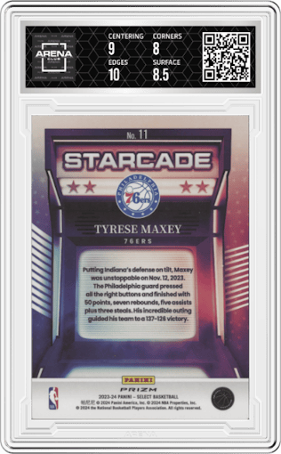 Tyrese Maxey from the 2023-24 Panini Select  set graded by Arena Club and given an overall grade of 8.5.