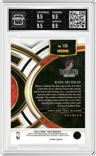 Kris Murray from the 2023-24 Panini Select  set featuring a Tiger parallel graded by Arena Club and given an overall grade of 9.