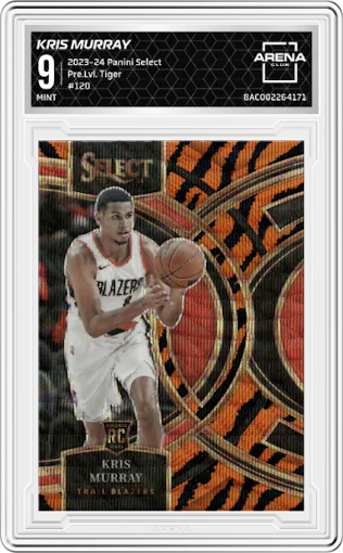 Kris Murray from the 2023-24 Panini Select  set featuring a Tiger parallel graded by Arena Club and given an overall grade of 9.