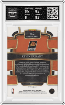 Kevin Durant from the 2023-24 Panini Select  set featuring a Elephant Prizm parallel graded by Arena Club and given an overall grade of 9.