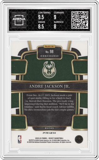 Andre Jackson Jr. from the 2023-24 Panini Select  set featuring a Tiger parallel graded by Arena Club and given an overall grade of 8.5.