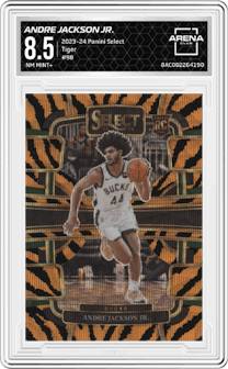 Andre Jackson Jr. from the 2023-24 Panini Select  set featuring a Tiger parallel graded by Arena Club and given an overall grade of 8.5.