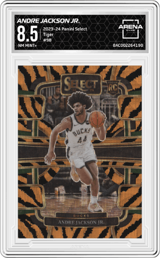 Andre Jackson Jr. from the 2023-24 Panini Select  set featuring a Tiger parallel graded by Arena Club and given an overall grade of 8.5.