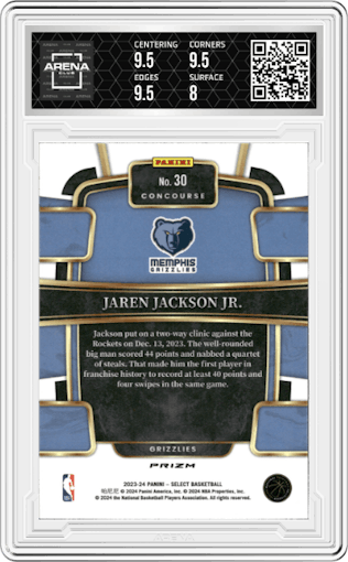 Jaren Jackson Jr. from the 2023-24 Panini Select  set featuring a Tiger parallel graded by Arena Club and given an overall grade of 8.5.