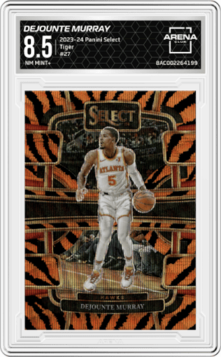 Dejounte Murray from the 2023-24 Panini Select  set featuring a Tiger parallel graded by Arena Club and given an overall grade of 8.5.