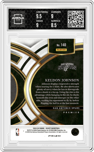 Keldon Johnson from the 2023-24 Panini Select  set featuring a Tiger parallel graded by Arena Club and given an overall grade of 9.