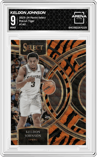 Keldon Johnson from the 2023-24 Panini Select  set featuring a Tiger parallel graded by Arena Club and given an overall grade of 9.
