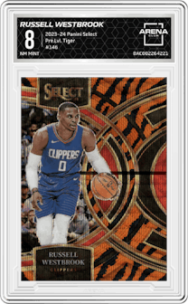 Russell Westbrook from the 2023-24 Panini Select  set featuring a Tiger parallel graded by Arena Club and given an overall grade of 8.