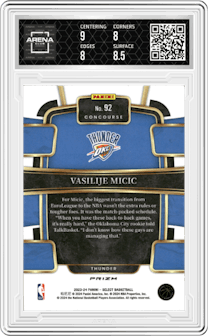 Vasilije Micic from the 2023-24 Panini Select  set featuring a Tiger parallel graded by Arena Club and given an overall grade of 8.5.