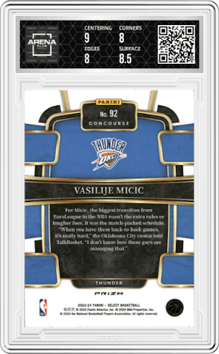 Vasilije Micic from the 2023-24 Panini Select  set featuring a Tiger parallel graded by Arena Club and given an overall grade of 8.5.