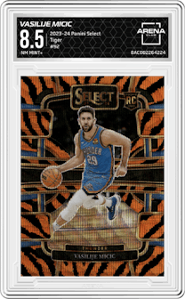 Vasilije Micic from the 2023-24 Panini Select  set featuring a Tiger parallel graded by Arena Club and given an overall grade of 8.5.