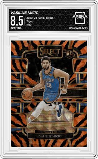 Vasilije Micic from the 2023-24 Panini Select  set featuring a Tiger parallel graded by Arena Club and given an overall grade of 8.5.