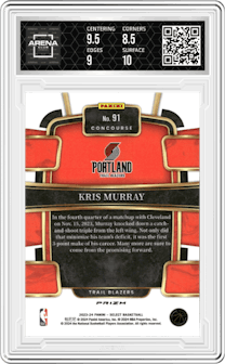 Kris Murray from the 2023-24 Panini Select  set featuring a Tiger parallel graded by Arena Club and given an overall grade of 9.