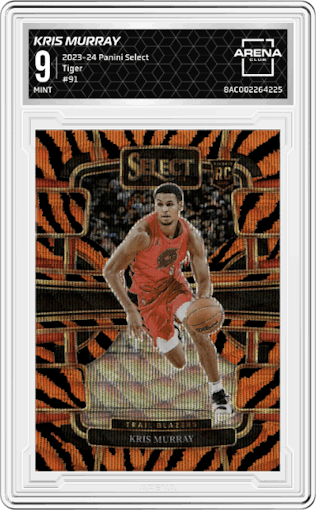 Kris Murray from the 2023-24 Panini Select  set featuring a Tiger parallel graded by Arena Club and given an overall grade of 9.