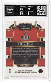 Kris Murray from the 2023-24 Panini Select  set featuring a Tiger parallel graded by Arena Club and given an overall grade of 8.