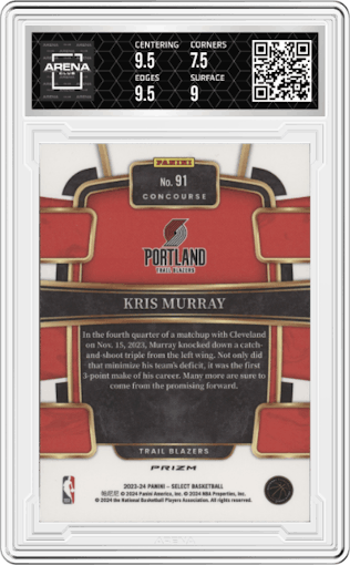 Kris Murray from the 2023-24 Panini Select  set featuring a Tiger parallel graded by Arena Club and given an overall grade of 8.